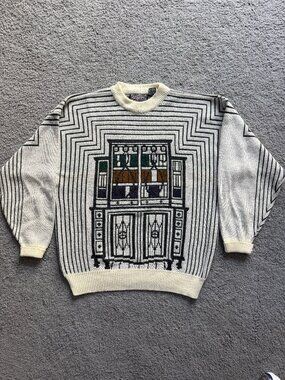 Vtg 90s Anchor Blue Illusion Antique Cabinet Sweater Sz. XL - Architecture Theme